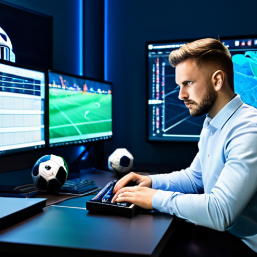 A focused male esports analyst, fully clothed in a professional, modest collared shirt, sits at a sleek, minimalist desk. He is surrounded by holographic displays showing complex football game data, tactical formations, and player statistics, representing "football IQ" and strategic thinking. The background is a modern, dimly lit gaming analysis room, emphasizing deep concentration and intellectual engagement. Perfect anatomy, correct proportions, natural pose, well-formed hands, proper finger count, natural body proportions, professional photography, high quality, safe for work, appropriate content, fully clothed, professional.